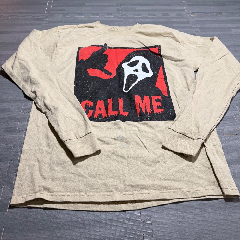 Ghost Face Call Me Scream Horror Movie Tan Long Sleeve Graphic T-Shirt